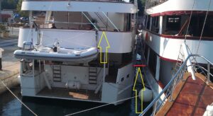 Example of steep stairs between decks and gap between ships in port - Croatia cruise ships